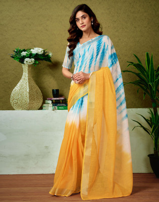 SIRIL Digital Print, Floral Print, Printed Bollywood Linen Saree(Yellow, Blue)