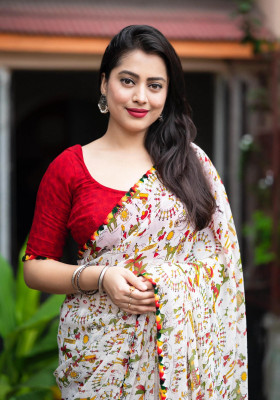 vdc Printed Bandhani Chiffon Saree(White)