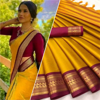 TRUPTI ENTERPRISE Self Design, Woven, Floral Print Banarasi Cotton Blend Saree(Yellow)