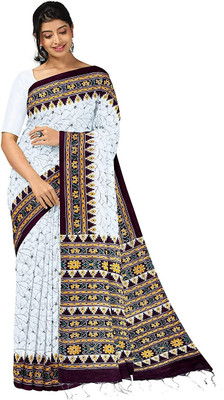 Joyguru Textile Printed Handloom Cotton Blend Saree(White)