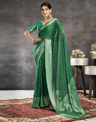 Samah Dyed, Self Design, Woven Banarasi Georgette Saree(Green, Silver)