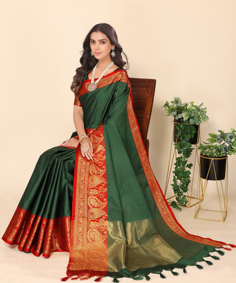 Leeza Store Woven, Solid/Plain, Self Design Banarasi Silk Blend, Cotton Silk Saree(Dark Green, Green)