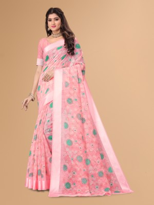 RekhaManiyar Floral Print Bollywood Linen Saree(Pink)