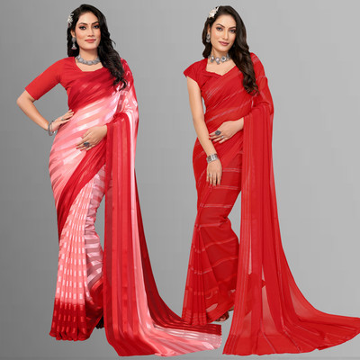 kashvi sarees Striped Bollywood Satin Saree(Pack of 2, Pink, Red)