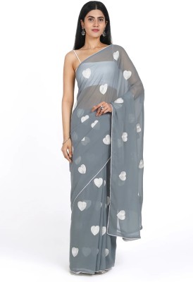 Prutha Fashions Embroidered, Self Design, Solid/Plain, Printed, Woven, Embellished Bollywood Georgette Saree(Grey)