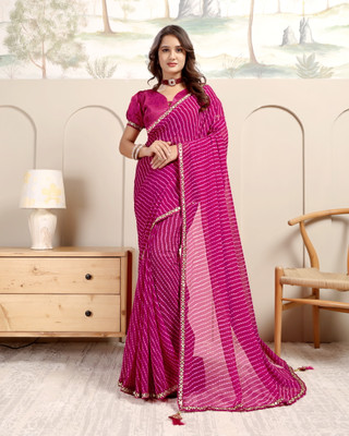 Silkra Striped, Embellished, Printed, Woven, Self Design Leheria Georgette, Silk Blend Saree(Pink)