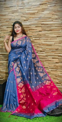 PRANATI ENTERPRISE Woven, Self Design, Floral Print Handloom Pure Cotton, Cotton Silk Saree(Grey, Blue)