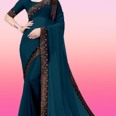RB studio Embellished, Solid/Plain, Temple Border Kanjivaram Georgette Saree(Blue)
