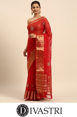 Divastri Embellished, Embroidered, Floral Print Banarasi Organza Saree(Red)