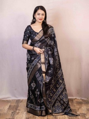 KITKET FASHION Digital Print Handloom Cotton Silk Saree(Black)