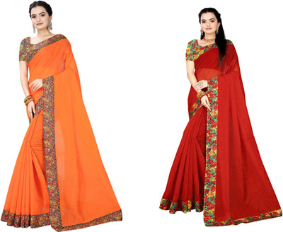 manish Solid/Plain Chanderi Cotton Blend Saree(Pack of 2, Red, Orange)