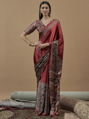 Tasrika Printed Hand Batik Crepe Saree(Maroon)