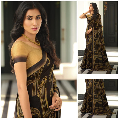 SARIK Printed, Self Design, Graphic Print, Floral Print, Checkered, Solid/Plain Bollywood Georgette, Chiffon Saree(Brown)