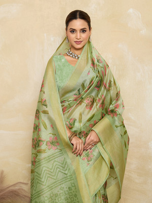 BFM Floral Print Bollywood Cotton Blend Saree(Green)