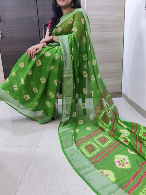 VD PRINTS Printed Handloom Chiffon Saree(Green)
