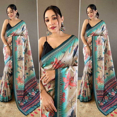 SJY Floral Print Bollywood Linen Saree(Multicolor)