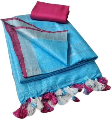 Aamir Fashion Textile Solid/Plain Bhagalpuri Handloom Cotton Linen Saree(Light Blue)