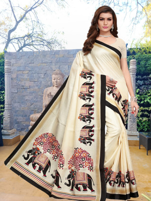 Gugaliya Printed Mysore Cotton Blend, Art Silk Saree(Multicolor)