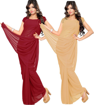 nva fashion Solid/Plain Bollywood Georgette Saree(Pack of 2, Maroon, Beige)