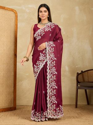 BHAGYAVATI DESIGNER Embroidered, Floral Print, Embellished Bollywood Jimmy choo, Tussar Silk Saree(Maroon)