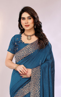 FABMORA Dyed, Embroidered, Embellished Bollywood Silk Blend Saree(Dark Blue, Gold)
