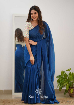 Sia Saree Bazaar Woven Handloom Pure Cotton Saree(Blue)