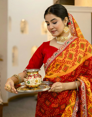 Samah Printed, Embellished, Embroidered Bandhani Georgette Saree(Red, Mustard)