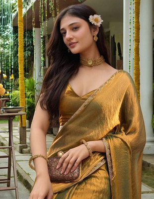 ELITEFOLIO Self Design Bollywood Chiffon Saree(Dark Green, Gold)