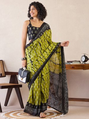 Tasrika Printed Pre Draped Saree Cotton Blend Saree(Light Green)
