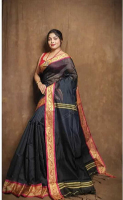 MJ TEXTILE Solid/Plain, Woven, Striped, Temple Border Handloom Cotton Silk Saree(Black, Red)