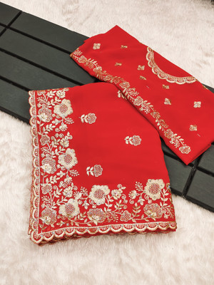 Mikhushop Embroidered Bollywood Georgette Saree(Orange)