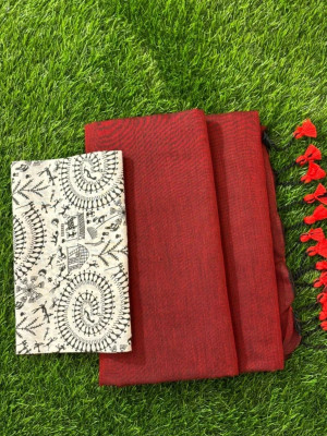 Maku Solid/Plain Handloom Pure Cotton Saree(Maroon)