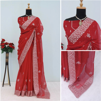 CHAMUNDA CREATION Embroidered Bollywood Organza Saree(Red)