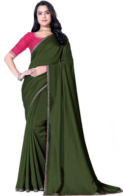 radhe creation Solid/Plain Bollywood Silk Blend Saree(Green)
