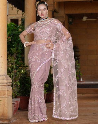 Divastri Embroidered, Embellished Bollywood Net Saree(Pink)