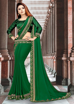 HNC Retail Temple Border, Solid/Plain Bollywood Lycra Blend, Chiffon Saree(Green)