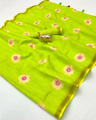 2SD gratitude Floral Print, Woven Daily Wear Cotton Linen, Linen Saree(Green)