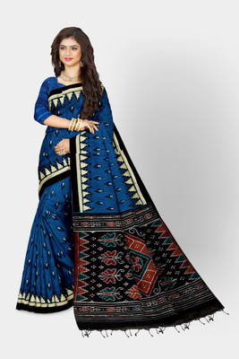 Maadurgas Printed Sambalpuri Cotton Blend Saree(Blue)