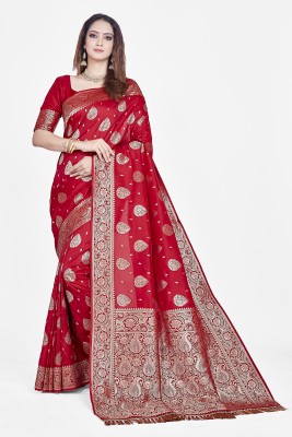 AAGIRI Self Design, Floral Print, Embellished, Woven, Applique Banarasi Jacquard, Art Silk Saree(Maroon)