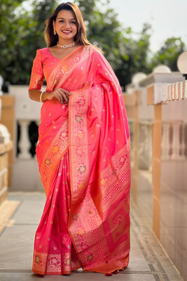 ROOP LAVANYA Woven Kanjivaram Jacquard, Art Silk Saree(Pink)