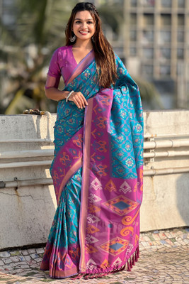 ROOP LAVANYA Woven Patola Cotton Silk, Jacquard Saree(Light Blue, Pink)