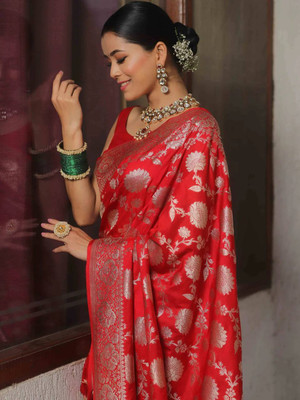 Muskan Collection Printed Banarasi Silk Blend Saree(Red)