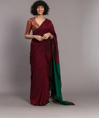 TWIIRL Solid/Plain Handloom Cotton Blend Saree(Maroon)