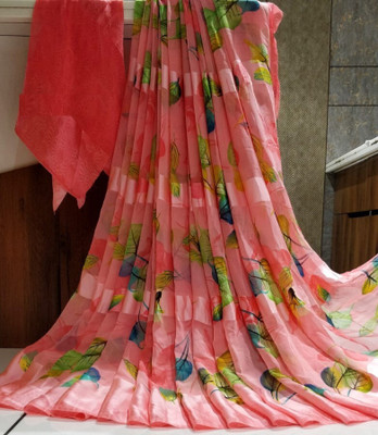 Adrika Printed Daily Wear Cotton Blend Saree(Pink)