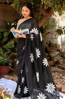 TANURI Printed Bollywood Cotton Linen, Art Silk Saree(Black)