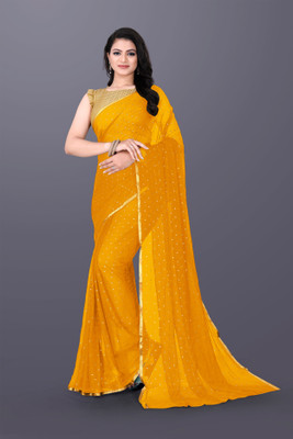 V And V Shop Printed Bollywood Chiffon Saree(Yellow)