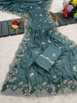 Zari and Ziba Embroidered Bollywood Georgette Saree(Light Blue)