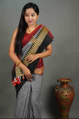 Moumitasaree Self Design, Solid/Plain Tant Cotton Silk Saree(Silver)