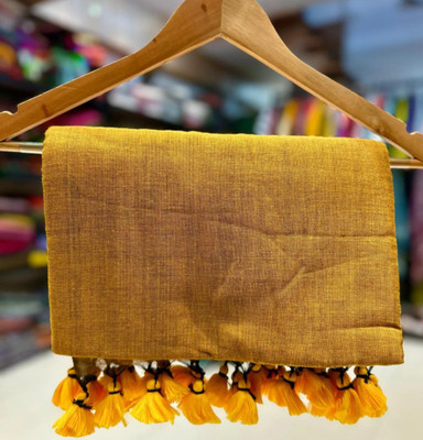 Maku Solid/Plain Handloom Pure Cotton Saree(Mustard)