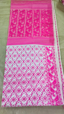 KISHORI PUNJABI MAHAL Self Design Jamdani Cotton Blend Saree(Cream, Pink)
